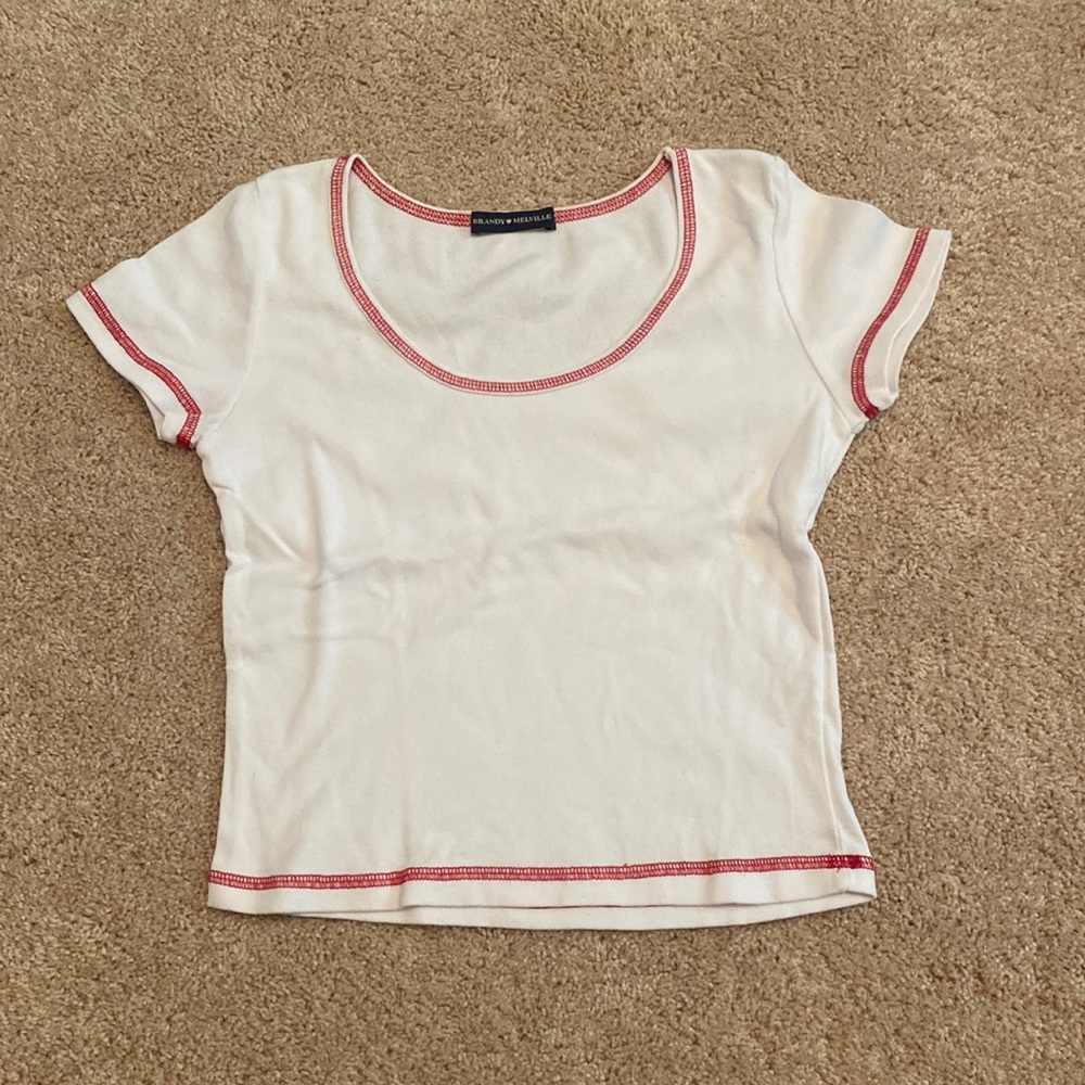 Brandy Melville white baby tee with red stitching